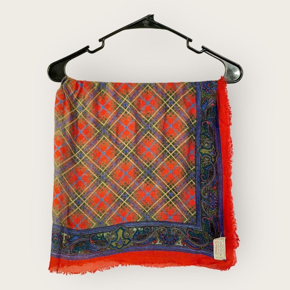 Challis By Berkshire Red Multicolor Plaid & Paisley Print Acrylic Scarf With Fra